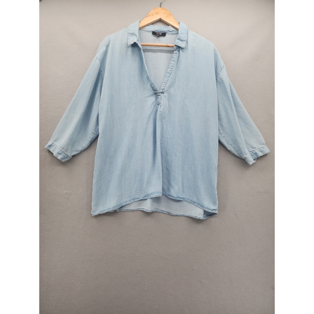 Yest Women Light Wash Tencel Denim Tunic Top V-Neck Roll Tab Sleeve Blue Size 12
